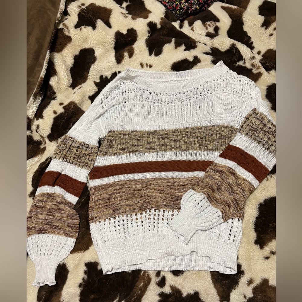 Women's Striped Knit Sweater - White, Brown, Tan